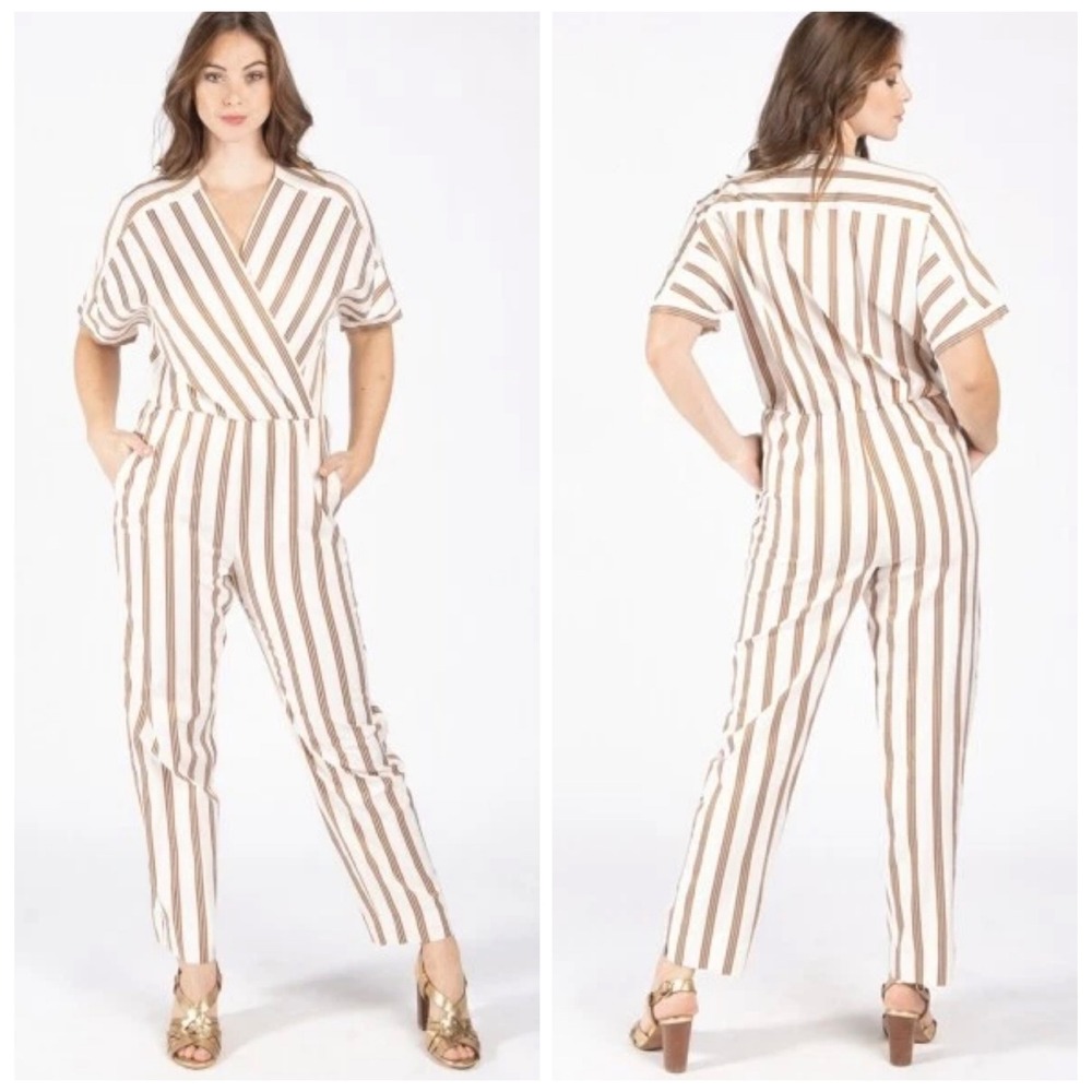 Maje Striped Jumpsuit Women 38 White Rust Wrap V-Neck Parisian Chic Pieni Rayure